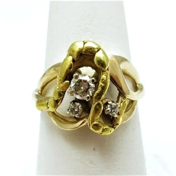 Designer Solid 14K Yellow Gold Real 22K Gold Nugget Diamond Cluster Ring - Picture 2 of 12